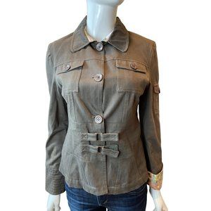 London Women Safari Jacket Military Cargo Belt Waist Front Button Army Green 10